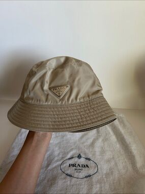 Prada Beige Nylon Bucket Hat with Triangular Logo Plaque